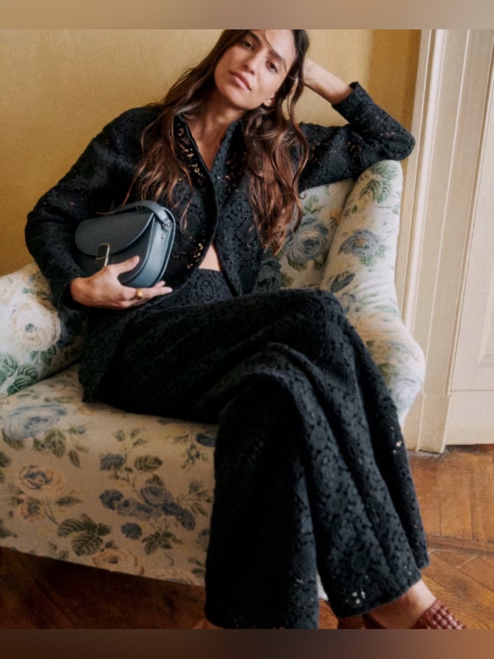 Sézane Black Crochet Fausto Trousers Wide-Leg Slate